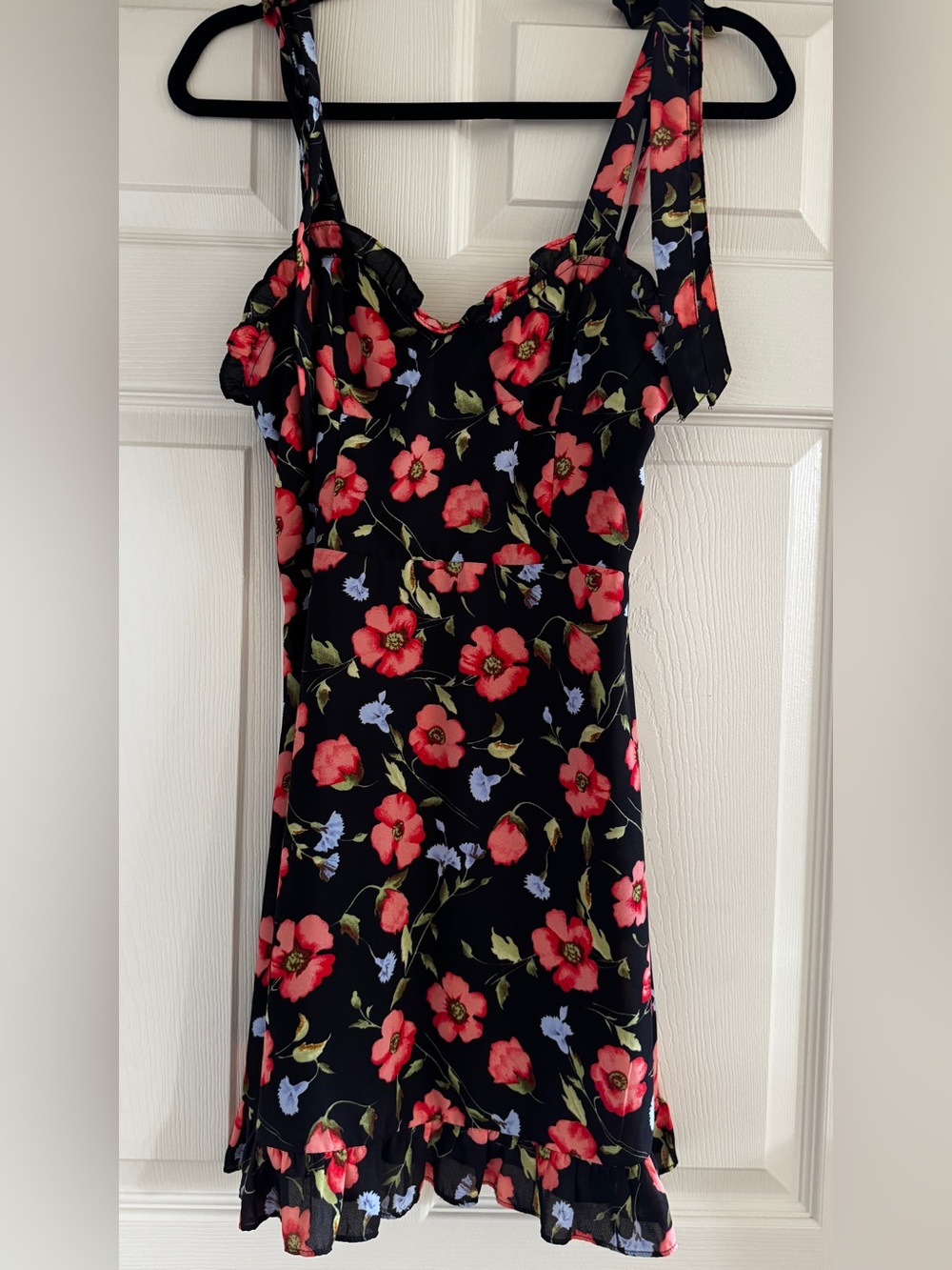 Black Floral Tie-Shoulder Sundress - Red & Green Floral